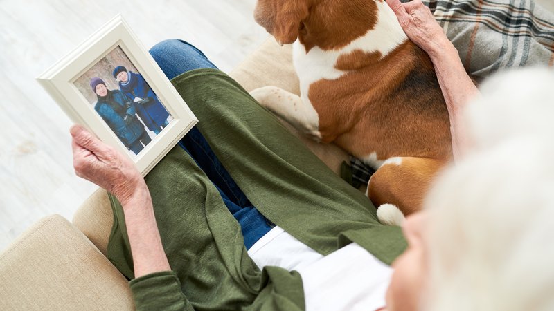 grieving dog with picture