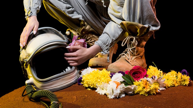 astronaut interacting with cat