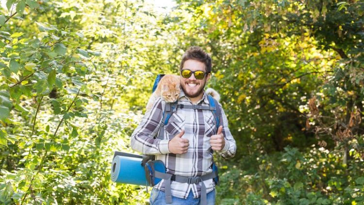 man hiking with cat